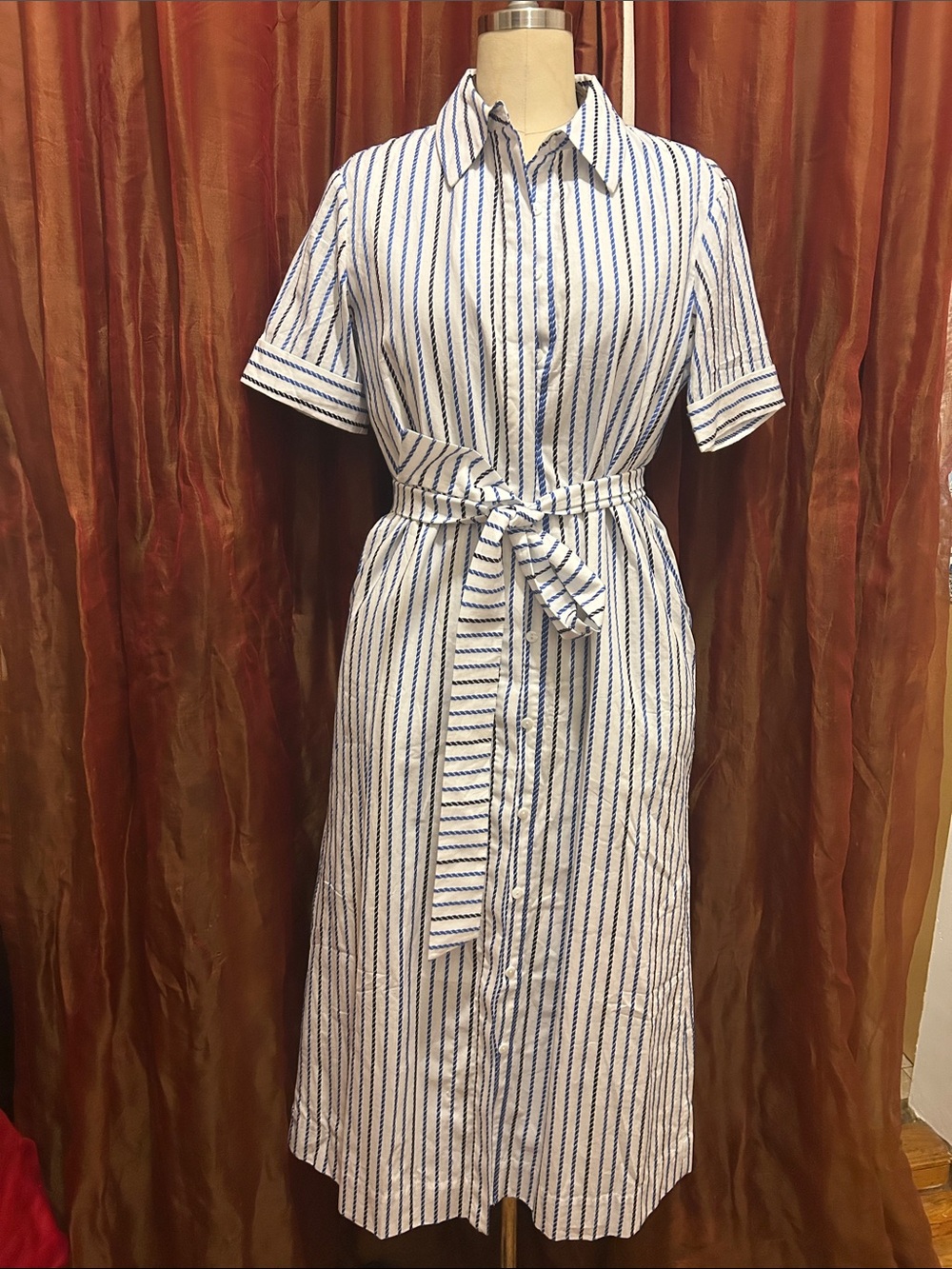 Tuckernuck White and Blue Striped Midi Shirt Dress with Tie Waist. fits large